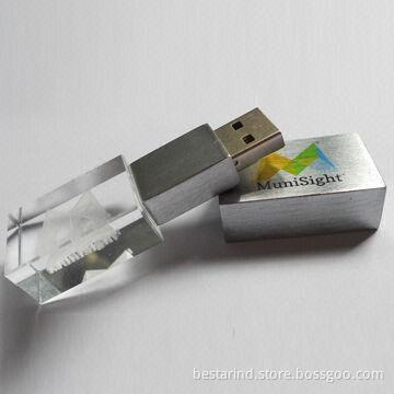 Crystal USB flash drive, made of metal and crystal, transparent, logo engraved inside or printed